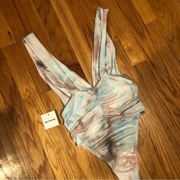 2 For $30 NWT Pastel Tie Dye Wet Look Ruched Iridescent Plunging Bodysuit - Picture 14 of 14